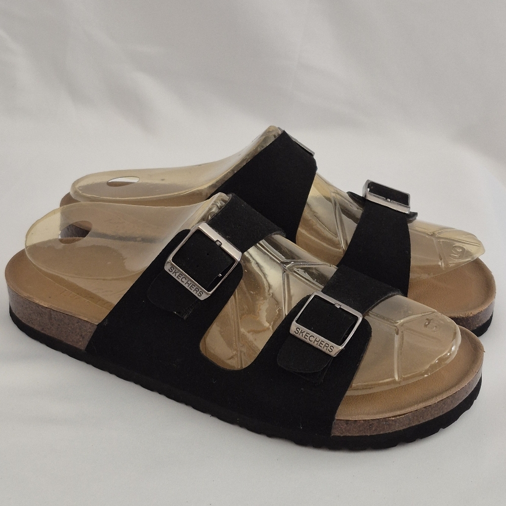 SKECHERS Granola Luxe Foam Sandals Relaxed Fit Suede Black Women's Sz. 10